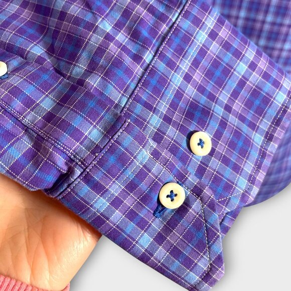David Donahue Shirt Mens MEDIUM Blue Purple Plaid Button Up 100% Cotton - Picture 6 of 11
